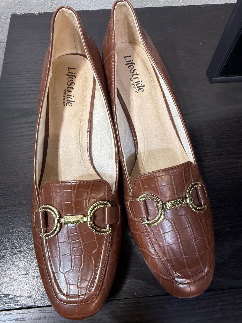 LifeStride Bliss Brown Croc Embossed Loafer Heels Women’s Size 9.5M